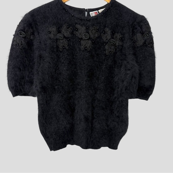 Alison H. Sweaters - Alison H. Angora Blend Sweater Top Floral Appliqué L Black Cloud Knit Gothcore